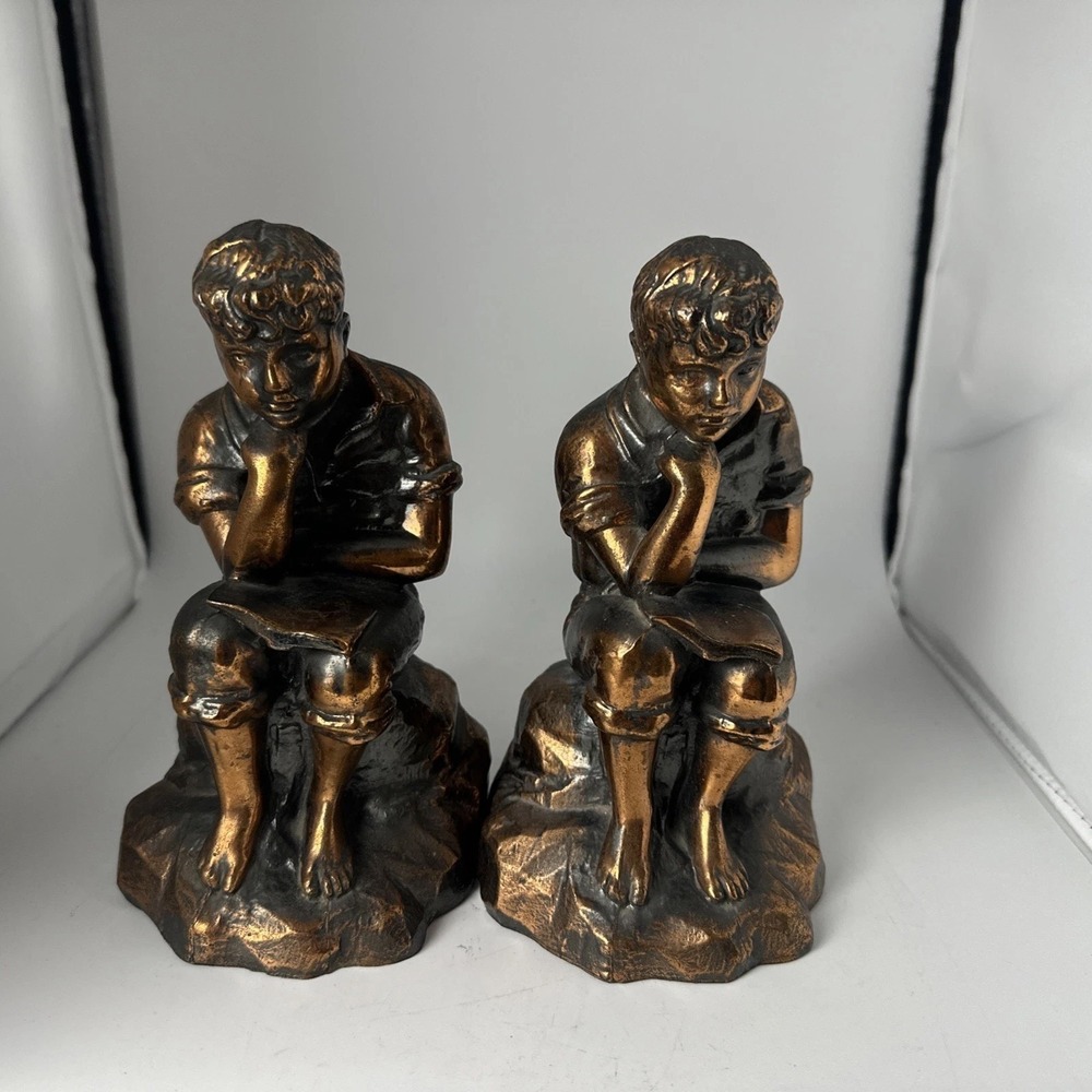 Pair of VTG Bronze Boy Reading Bust Bookends on Bases 7.5”